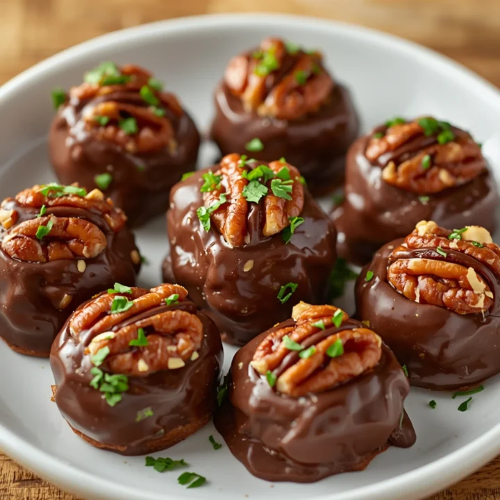 High-angle close-up of rich Chocolate Pecan Turtle Clusters on a white ceramic plate, featuring glistening melted chocolate and caramel, crunchy pecans, and a generous sprinkle of fresh green parsley. Bright, warm studio lighting with a blurred wooden table background.