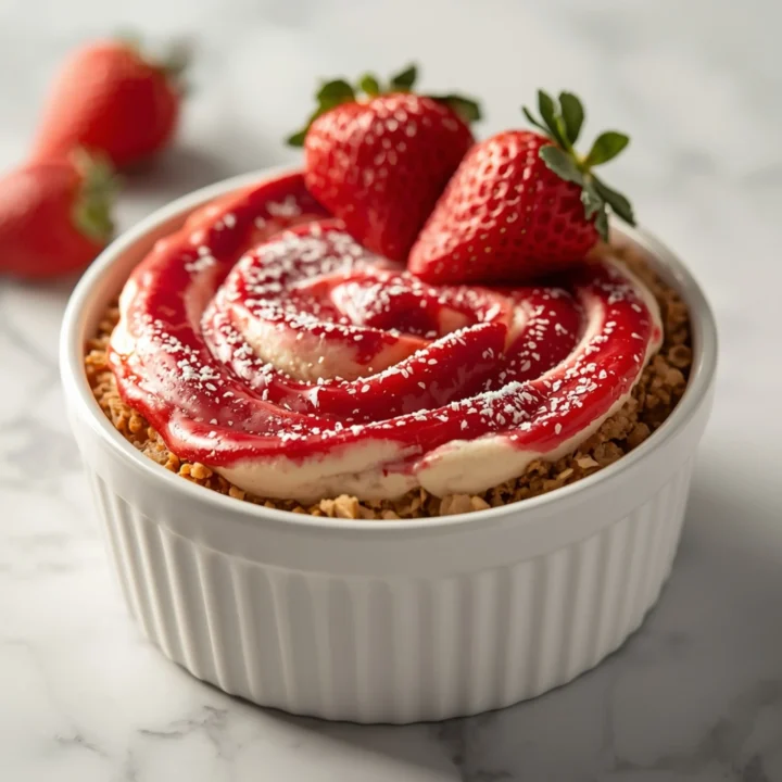 Close-up of Strawberry Cheesecake Oat Bake dessert with glossy finish and elegant toppings