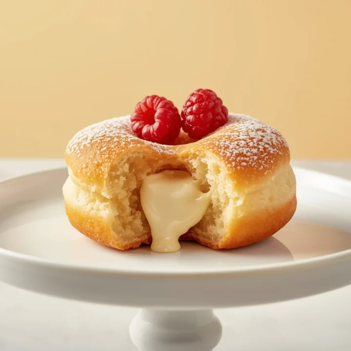 Close-up of Bavarian Cream Donut with a golden-fried exterior, oozing cream filling, dusted with powdered sugar and fresh raspberries on a white plate