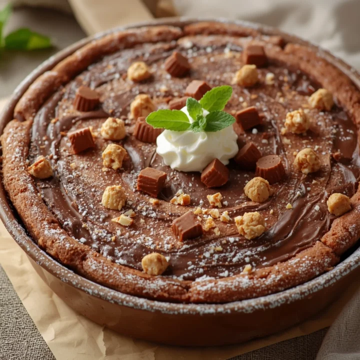 Close-up of a Reese’s Peanut Butter Earthquake Cake, showcasing its velvety, gooey texture, rich chocolate and peanut butter layers, and elegant garnish of whipped cream, mint, and chopped Reese's.