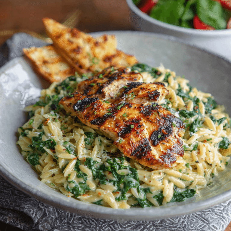 Creamy Spinach Parmesan Orzo with Grilled Chicken Recipe