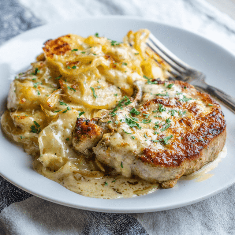 Creamy Pork Chops over Cheesy Scalloped Potatoes Recipe