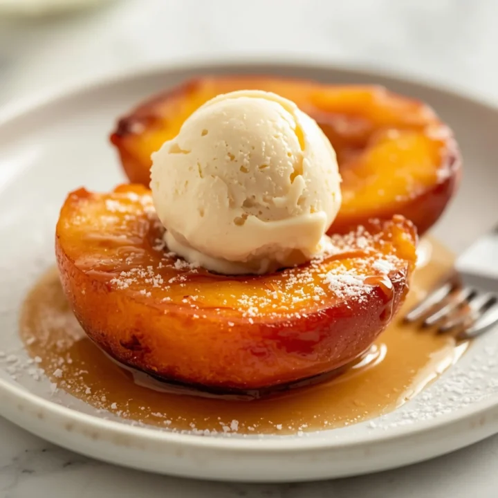 Close-up of Air Fryer Miso-Maple Peaches dessert with glossy finish and elegant toppings