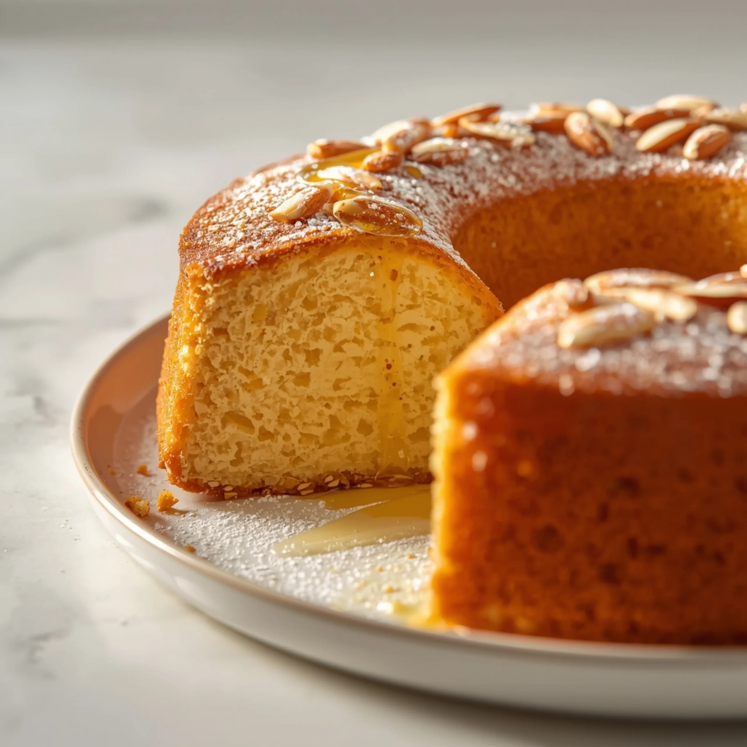 Close-up of Almond Honey Semolina Cake dessert with glossy finish and elegant toppings