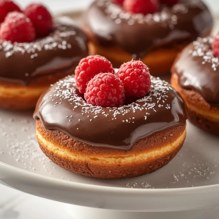 Close-up of Baked Chocolate Donuts with Raspberries dessert with glossy finish and elegant toppings