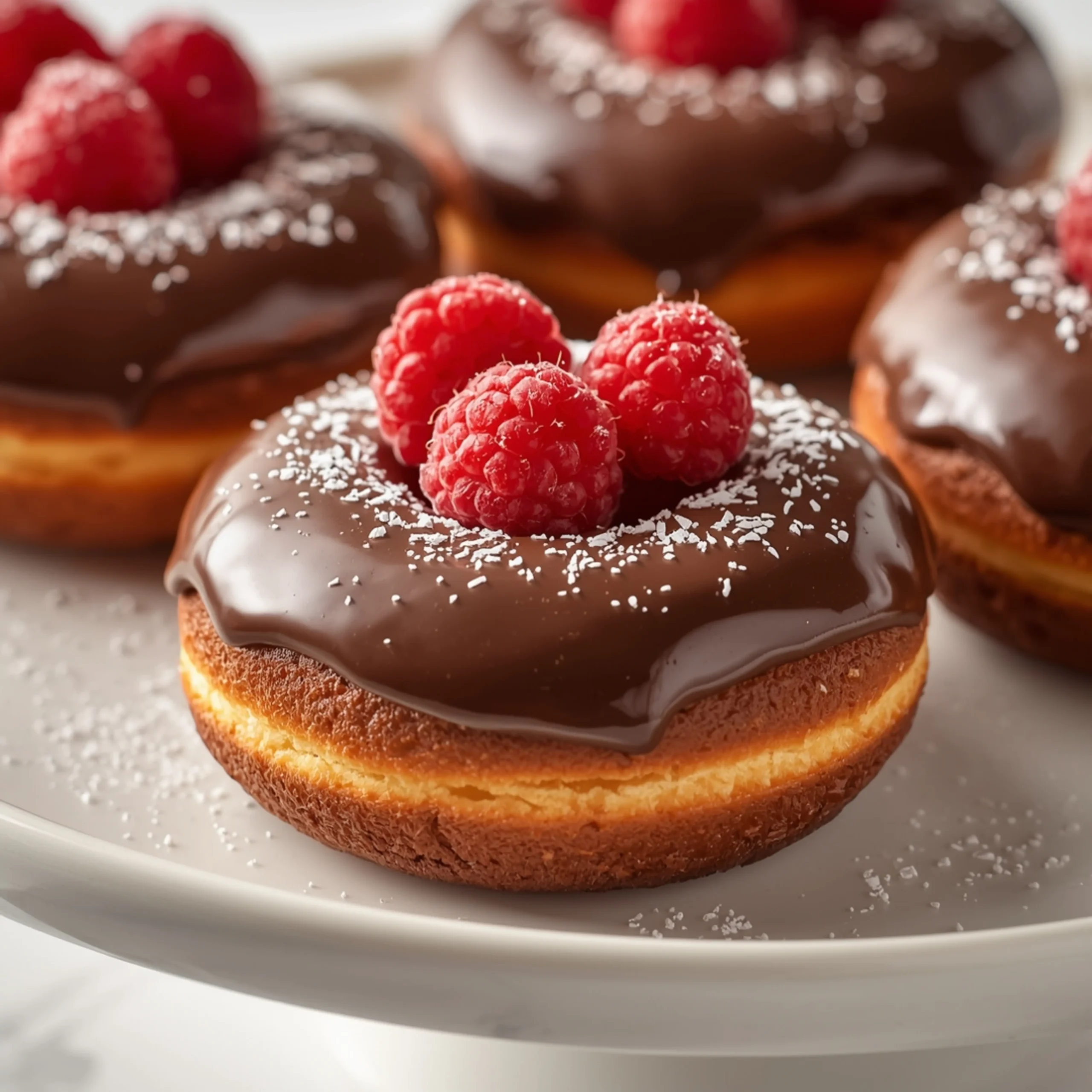 Close-up of Baked Chocolate Donuts with Raspberries dessert with glossy finish and elegant toppings