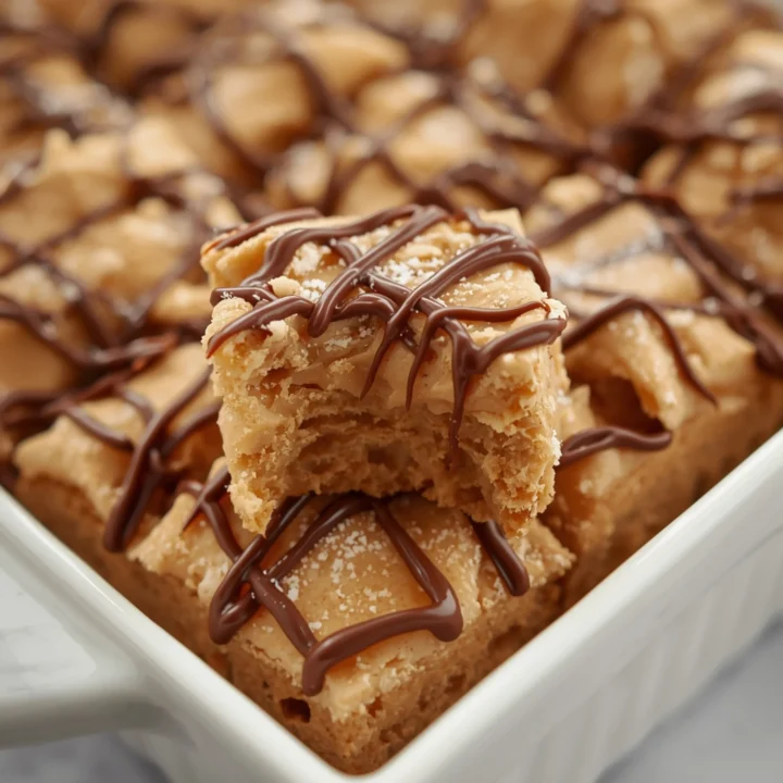 Close-up of Banana Peanut Butter Bites dessert with glossy finish and elegant chocolate drizzle and powdered sugar toppings