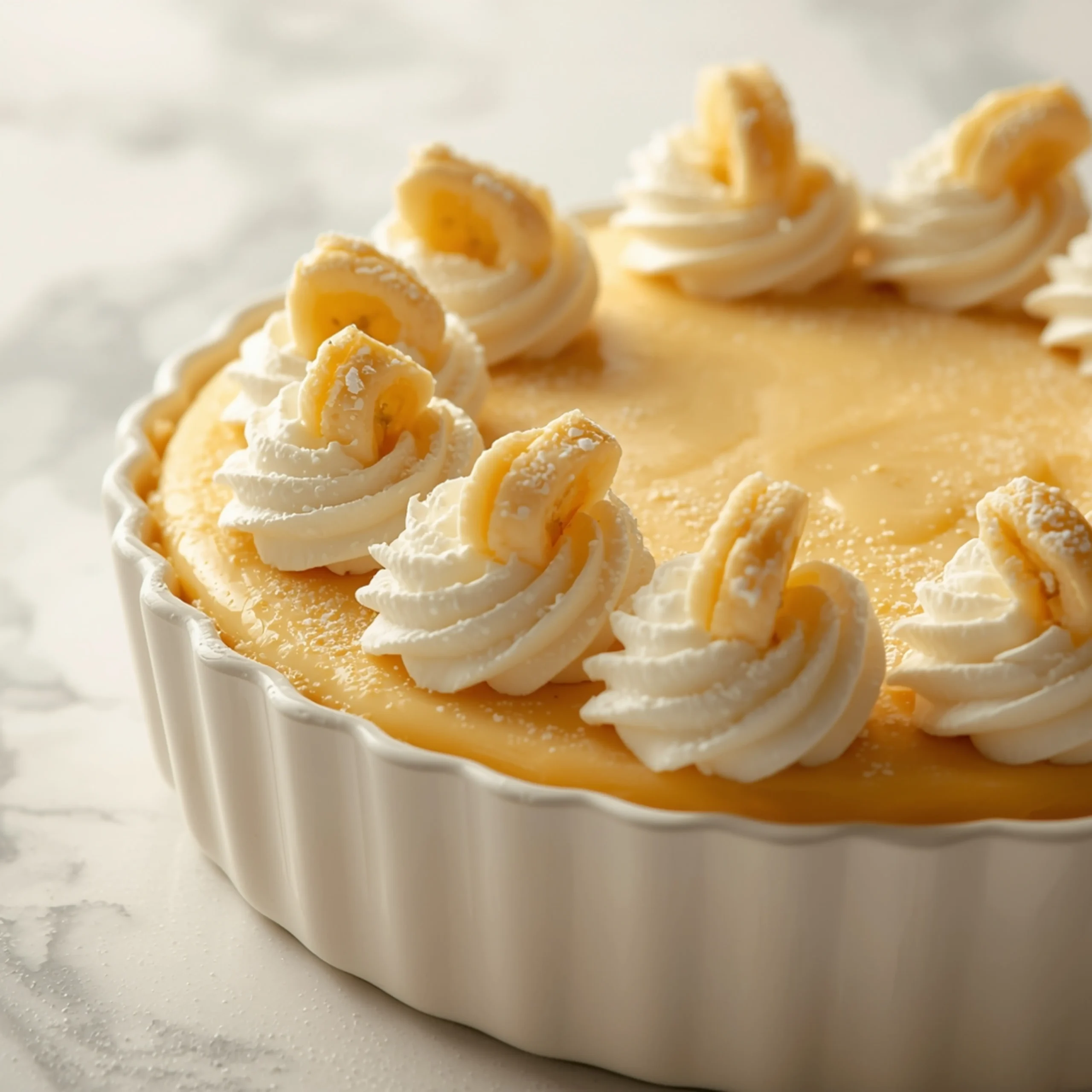 Close-up of Banana Pudding Cheesecake dessert with glossy finish and elegant toppings