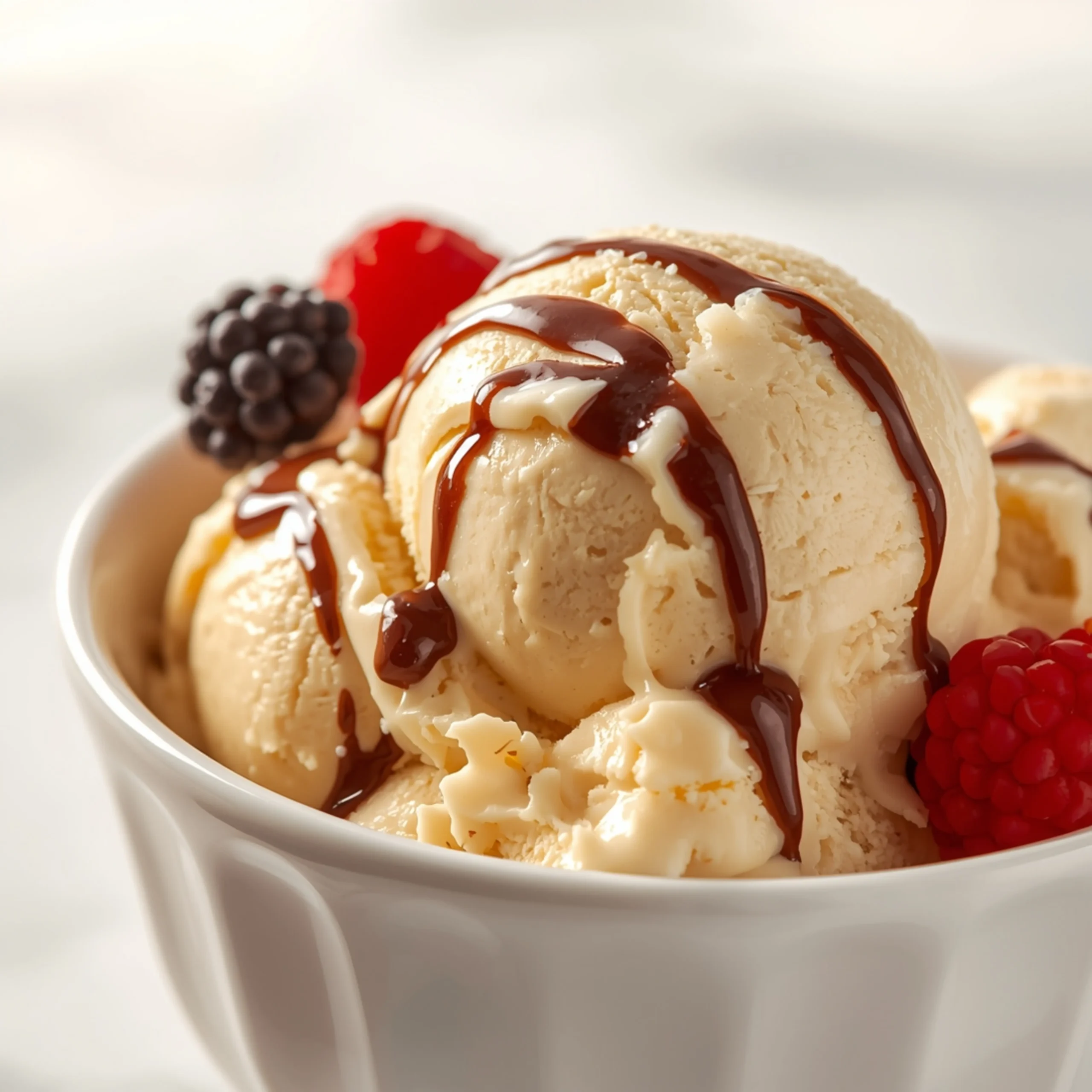 Close-up of Best Ninja Creami Protein Ice Cream dessert with glossy finish and elegant toppings