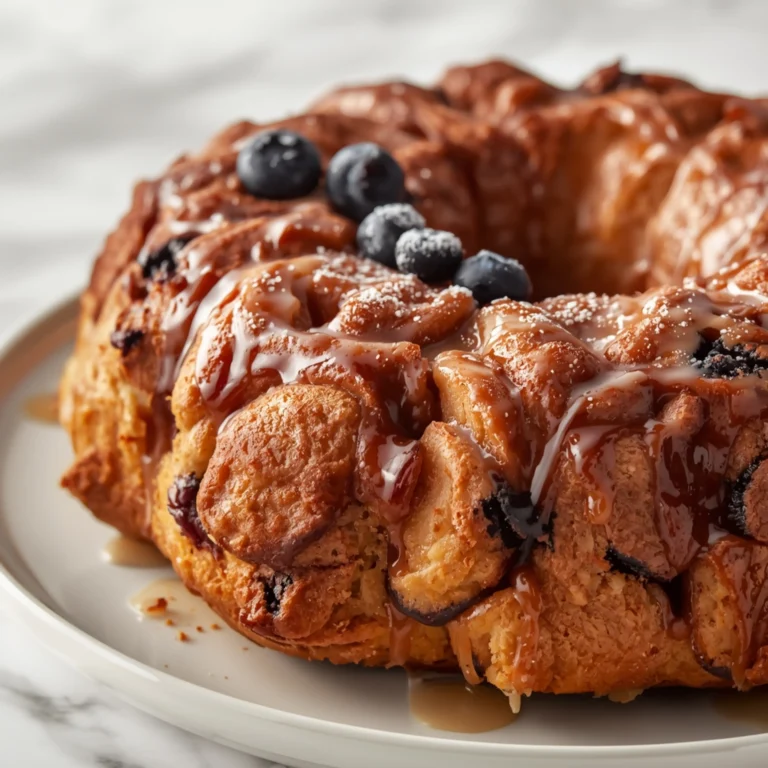 Close-up of Blueberry Cinnamon Monkey Bread dessert with glossy finish and elegant toppings