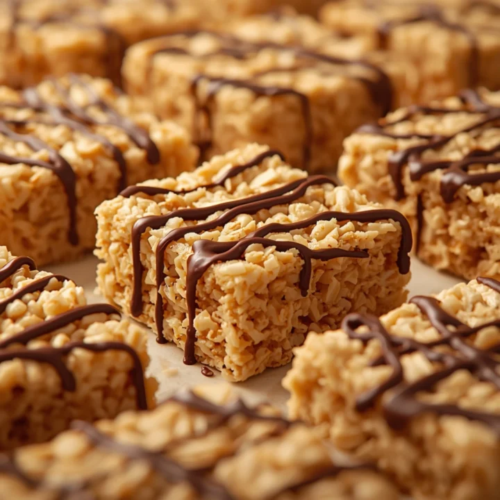 Close-up of Brown Butter Rice Krispie Treats dessert with glossy finish and elegant chocolate drizzle on a white plate.