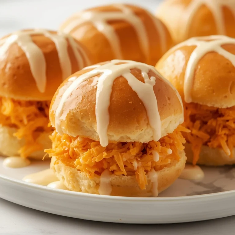 Close-up of Buffalo Chicken Sliders dessert with glossy apricot glaze and elegant white cream cheese drizzle