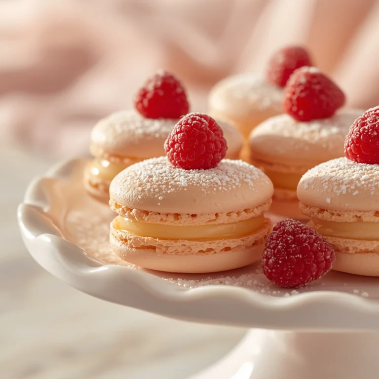 Close-up of Champagne Infused Macarons dessert with delicate shells, velvety filling, and elegant raspberry garnish.
