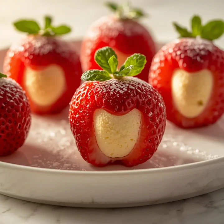 Close-up of Cheesecake Deviled Strawberries dessert with a soft texture and elegant garnish on a white plate