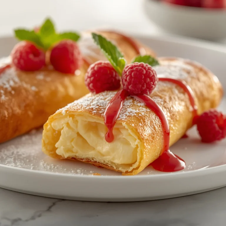 Close-up of Cheesecake Egg Rolls dessert with a soft texture and elegant garnish