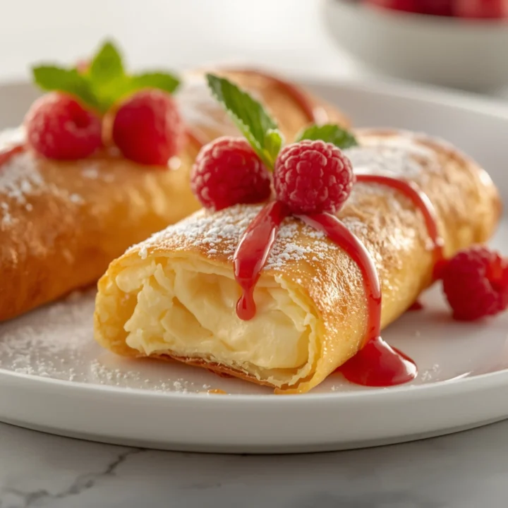 Close-up of Cheesecake Egg Rolls dessert with a soft texture and elegant garnish