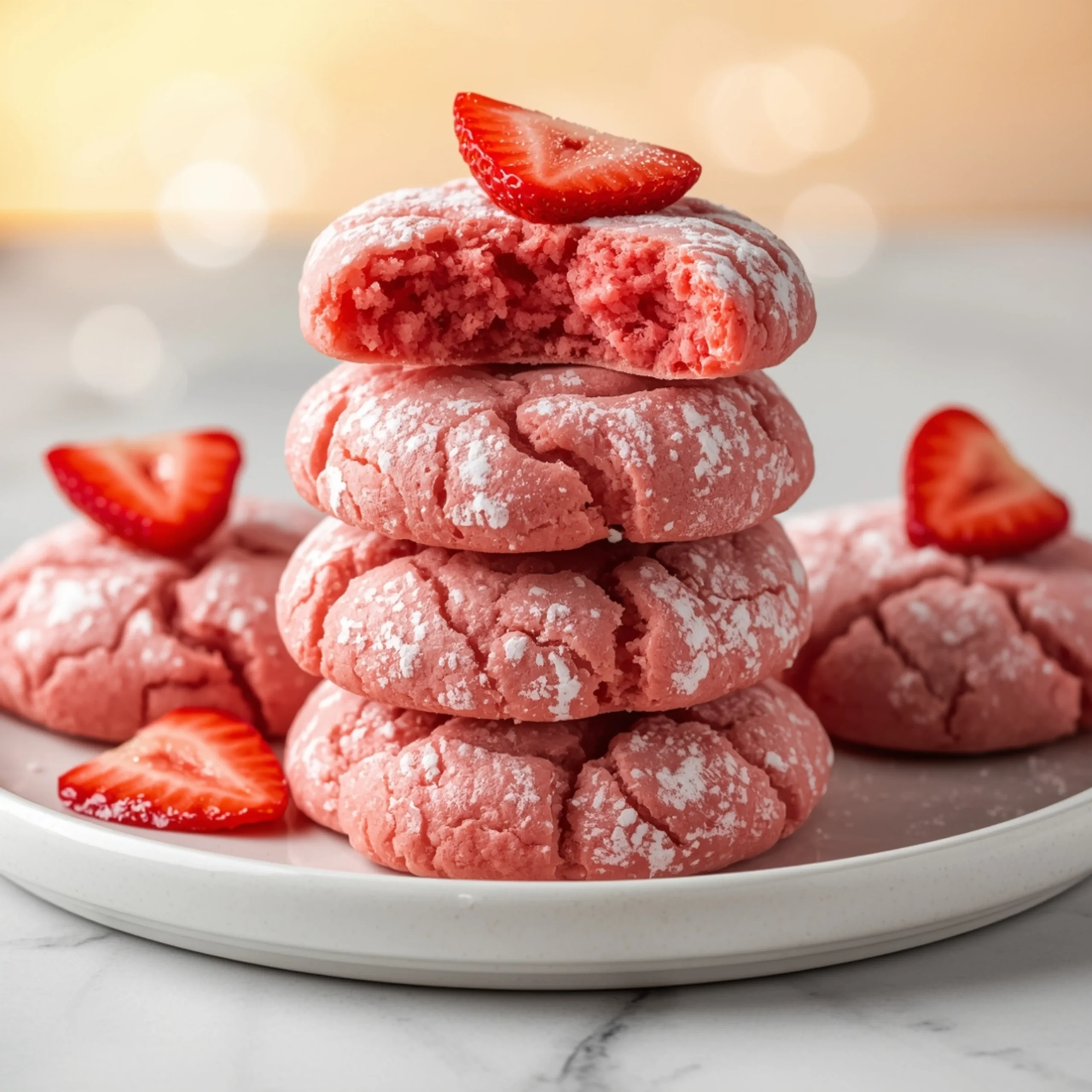 Close-up of Chewy Strawberry Sugar Cookies dessert with glossy finish and elegant toppings