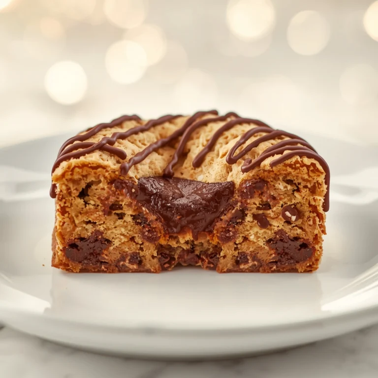 Close-up of Chocolate Chip Cookie Cake dessert with glossy finish and elegant toppings