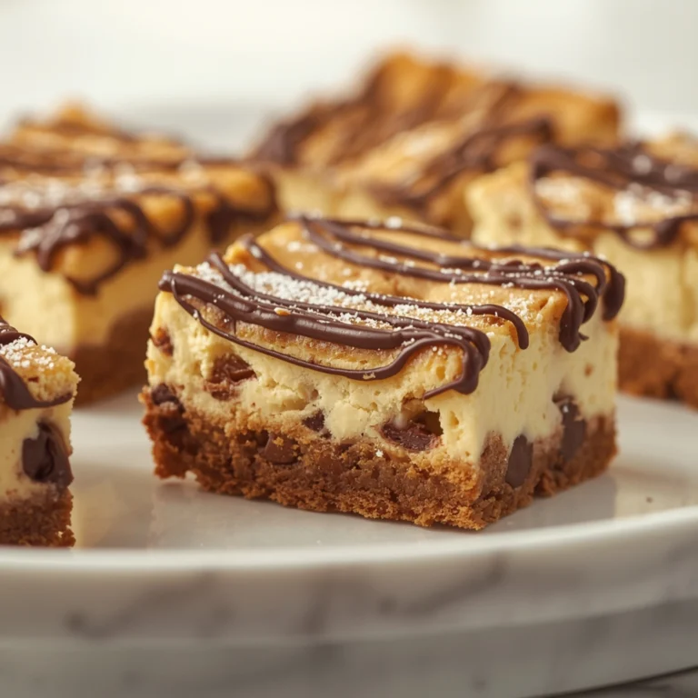 Close-up of Chocolate Chip Cookie Cheesecake Bars dessert with glossy finish and elegant toppings