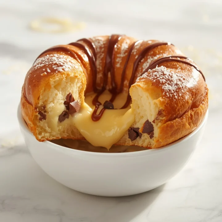 Close-up of Chocolate Chip Vanilla Custard Brioche dessert with glossy finish and elegant toppings