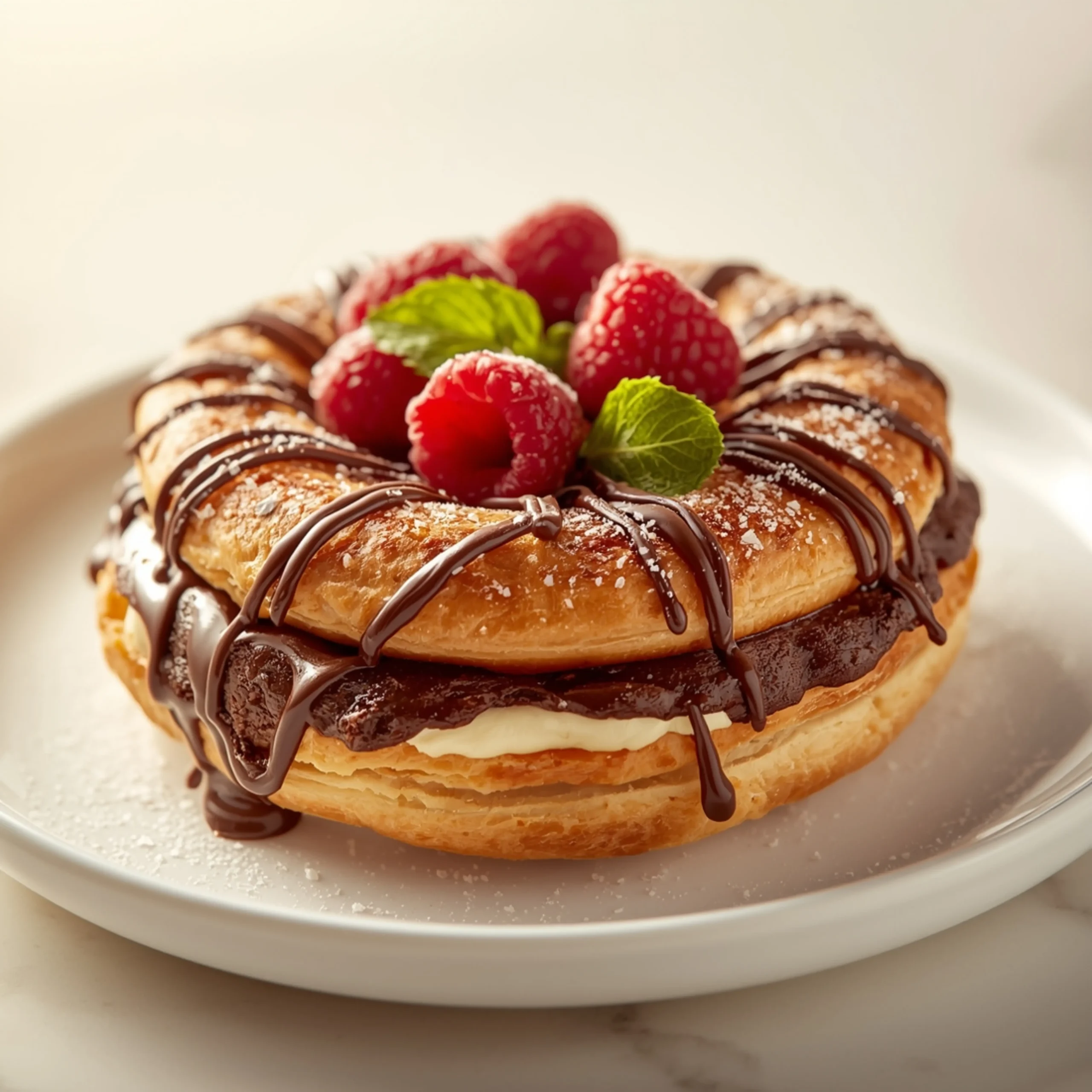 Close-up of Chocolate Cream Cheese Danish dessert with a soft texture and elegant garnish on a white ceramic plate.