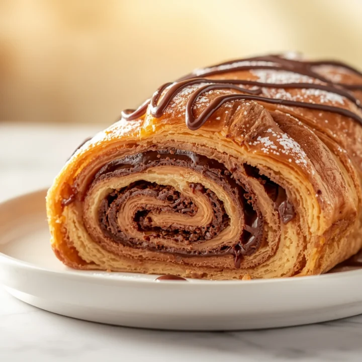 Close-up of Chocolate Croissant Loaf dessert with glossy finish and elegant toppings