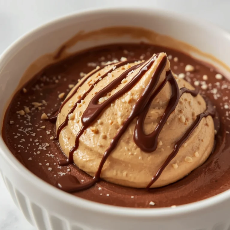 Close-up of Chocolate Peanut Butter Chia Cream dessert with glossy finish and elegant toppings
