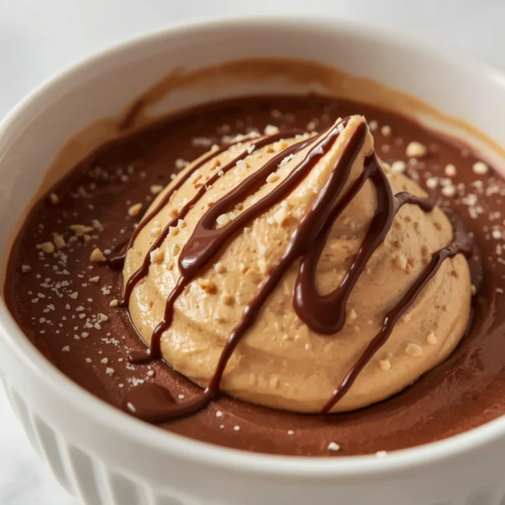 Close-up of Chocolate Peanut Butter Chia Cream dessert with glossy finish and elegant toppings