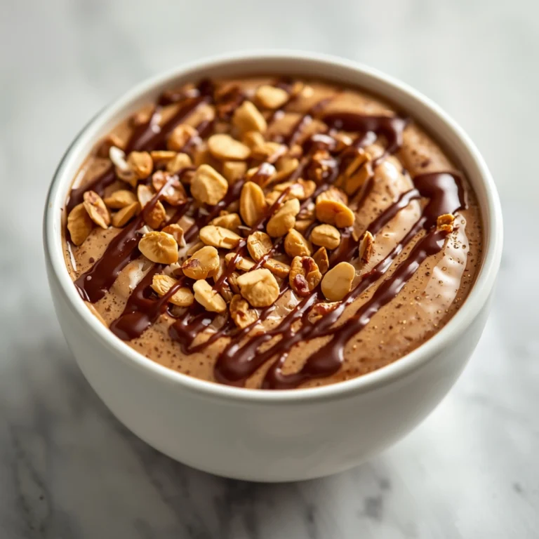 Close-up of Chocolate Peanut Butter Smoothie Bowl dessert with glossy finish and elegant toppings