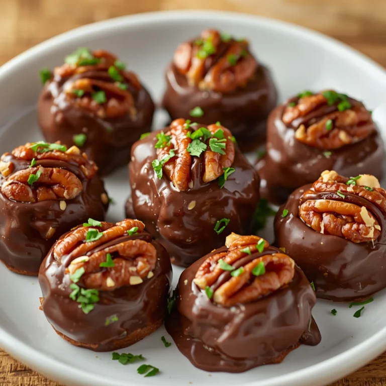 High-angle close-up of rich Chocolate Pecan Turtle Clusters on a white ceramic plate, featuring glistening melted chocolate and caramel, crunchy pecans, and a generous sprinkle of fresh green parsley. Bright, warm studio lighting with a blurred wooden table background.