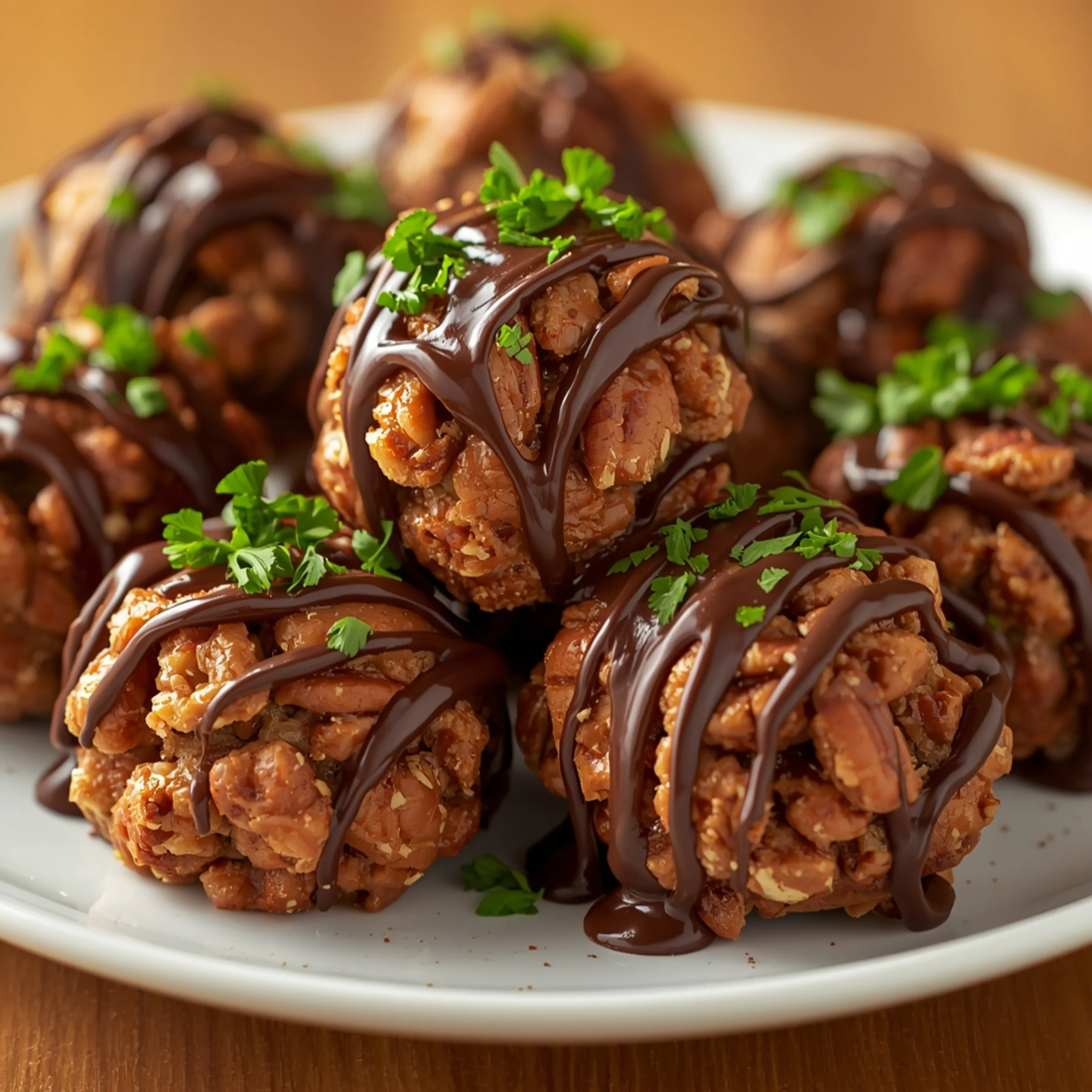 High-angle, close-up photo of homemade Chocolate Pecan Turtle Clusters on a white ceramic plate. Each cluster features crunchy pecans enrobed in glossy caramel, generously drizzled with melted dark chocolate, and surprisingly garnished with finely chopped fresh parsley. The image showcases warm, rich tones, bright diffused lighting, and a shallow depth of field against a subtle wooden background, emphasizing the sweet and crunchy texture.
