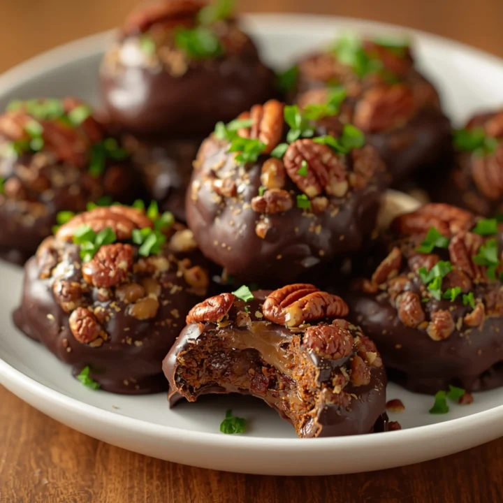 A tight 45-degree close-up of several glistening Chocolate Pecan Turtle Clusters on a clean white ceramic plate, featuring gooey caramel, melted dark chocolate, and crunchy pecans. Generously garnished with finely chopped fresh green parsley for color contrast, against a soft, warm wooden table background. Shot with bright, diffused studio lighting and a shallow depth of field, in a culinary magazine style.