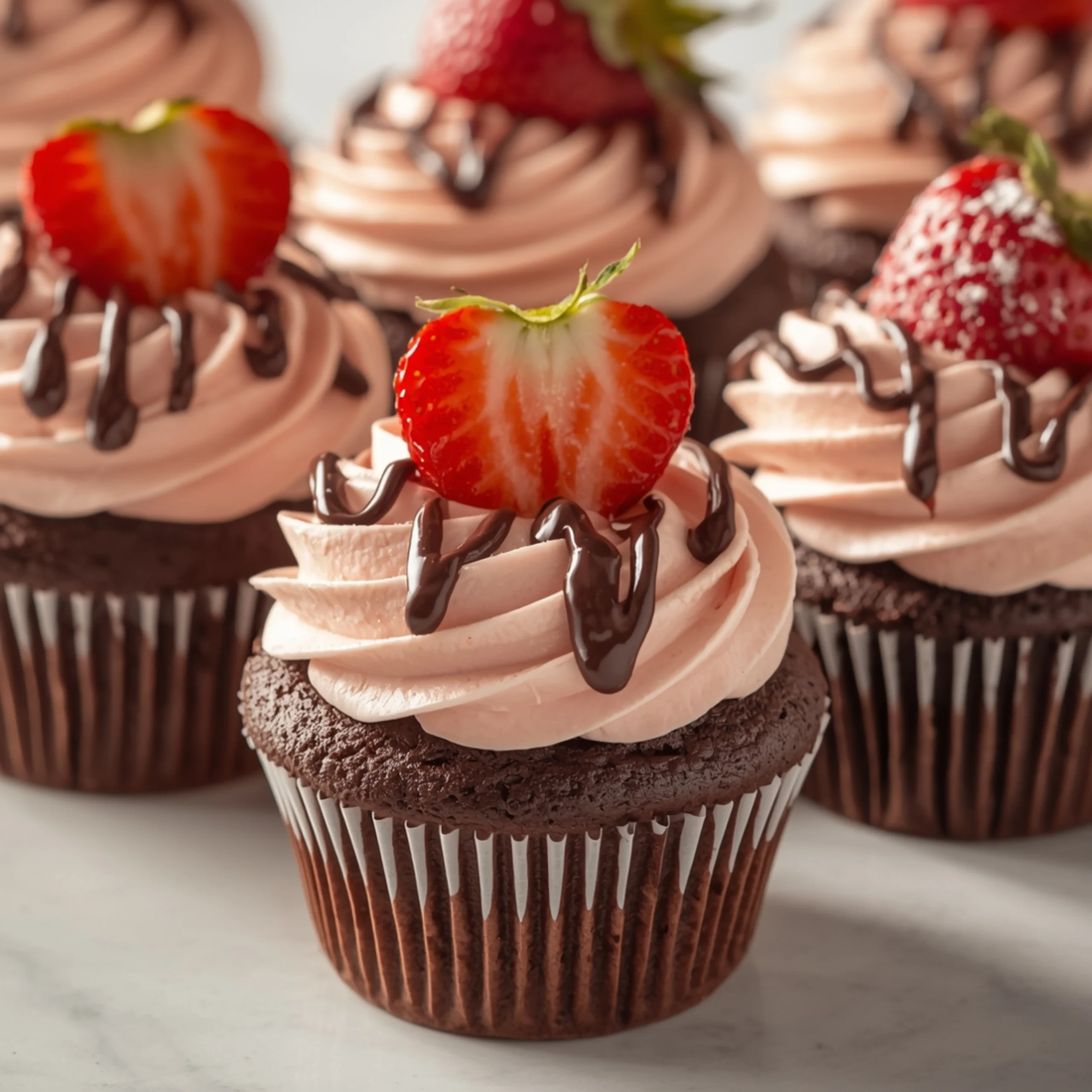 Close-up of Chocolate Strawberry Cupcakes dessert with glossy finish and elegant toppings