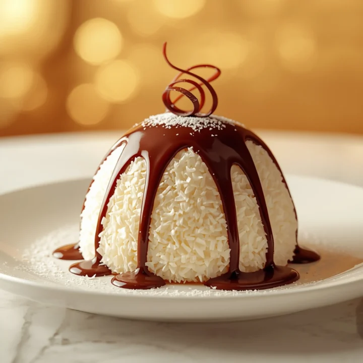 Close-up of Coconut dome with chocolate dessert with glossy finish and elegant toppings