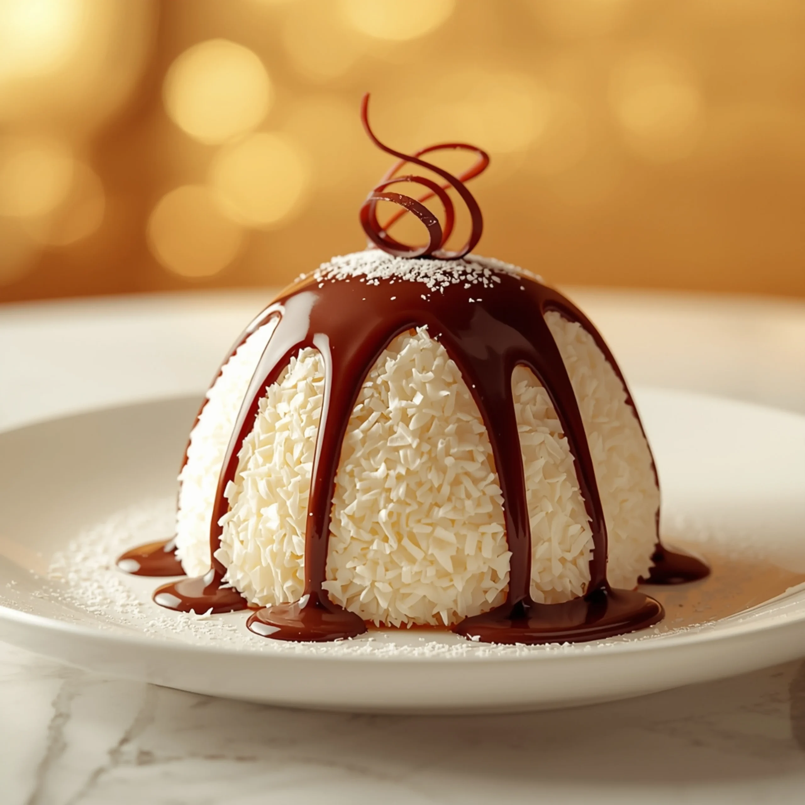 Close-up of Coconut dome with chocolate dessert with glossy finish and elegant toppings