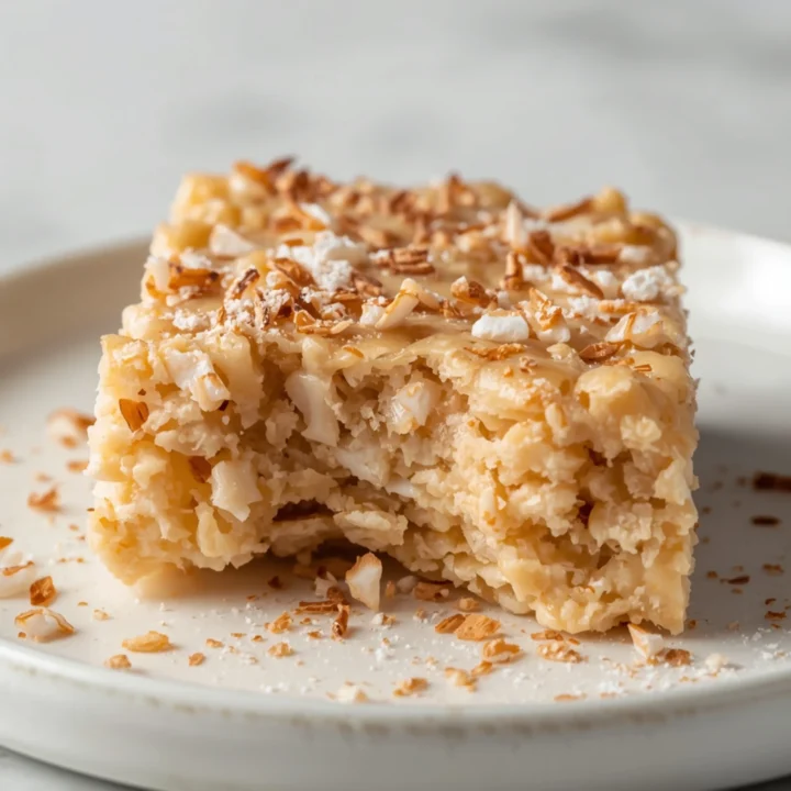 Close-up of Coconut Lover's Rice Krispy Treats dessert with glossy finish and elegant toppings