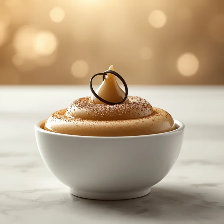 Close-up of Coffee-Infused Pastry Cream dessert with glossy finish, powdered sugar, and chocolate drizzle on a white plate