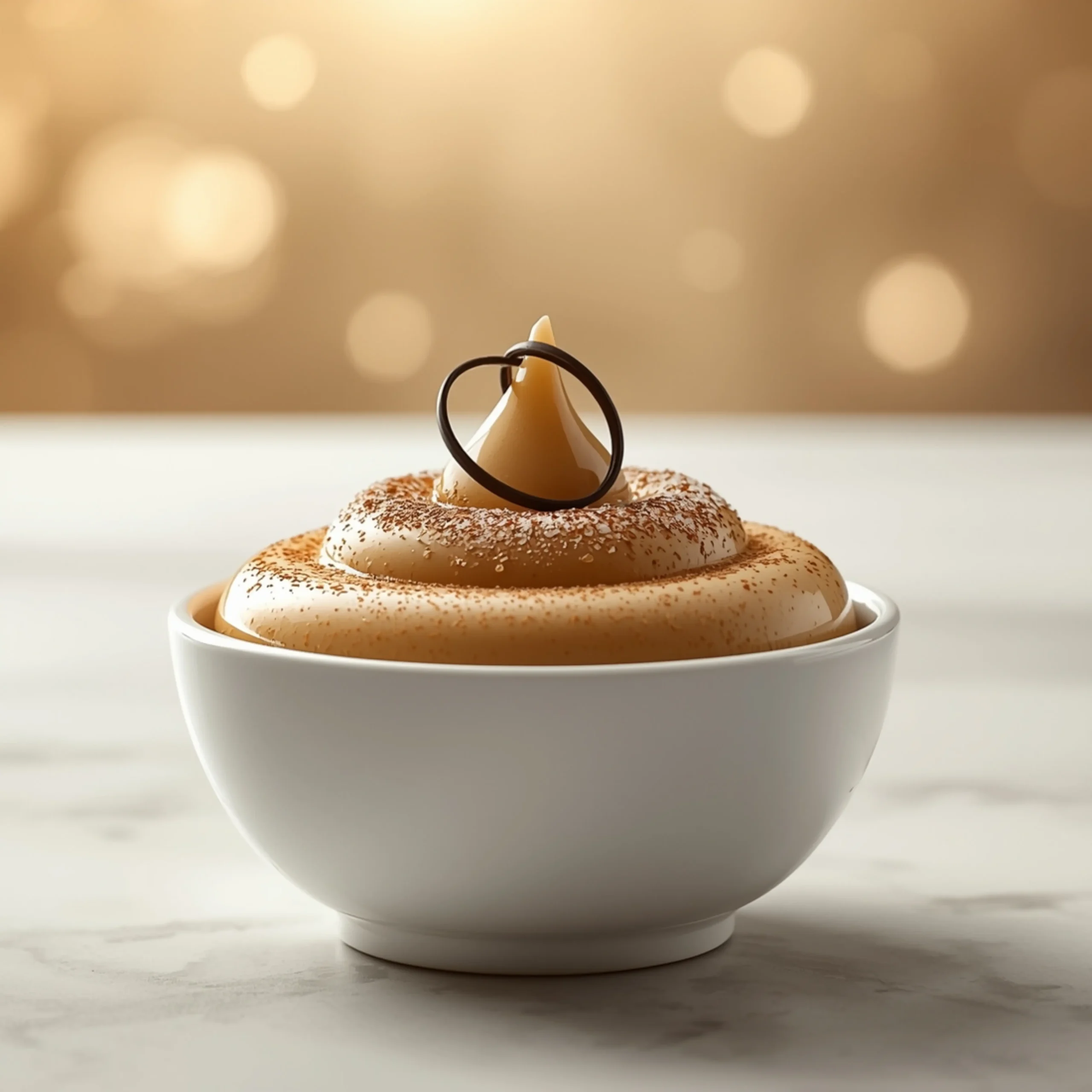 Close-up of Coffee-Infused Pastry Cream dessert with glossy finish, powdered sugar, and chocolate drizzle on a white plate