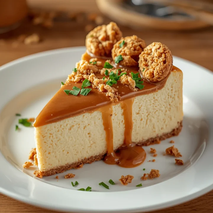 A close-up, 45-degree angle shot of a creamy slice of Biscoff Cookie Butter Cheesecake on a clean white plate, topped with golden-brown cookie butter, glistening sauce, and Biscoff crumbles. Generously garnished with finely chopped green parsley for vibrant color contrast, set on a warm wooden table with soft bokeh. Bright, warm lighting highlights the rich textures.