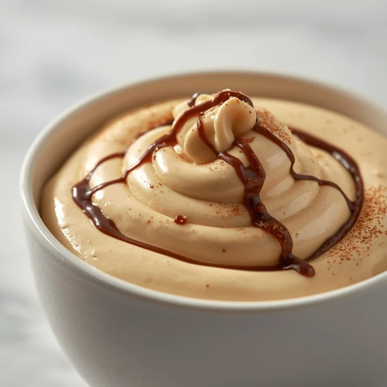 Close-up of Cottage Cheese Peanut Butter Mousse dessert with glossy finish and elegant toppings
