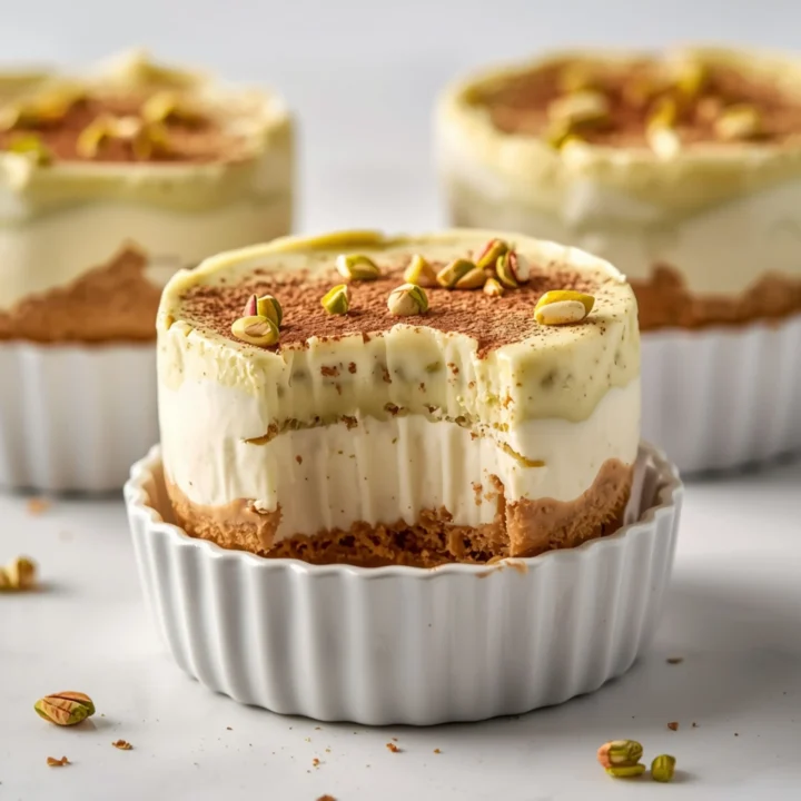 Close-up of Creamy Pistachio Tiramisu Cups dessert with glossy finish and elegant toppings