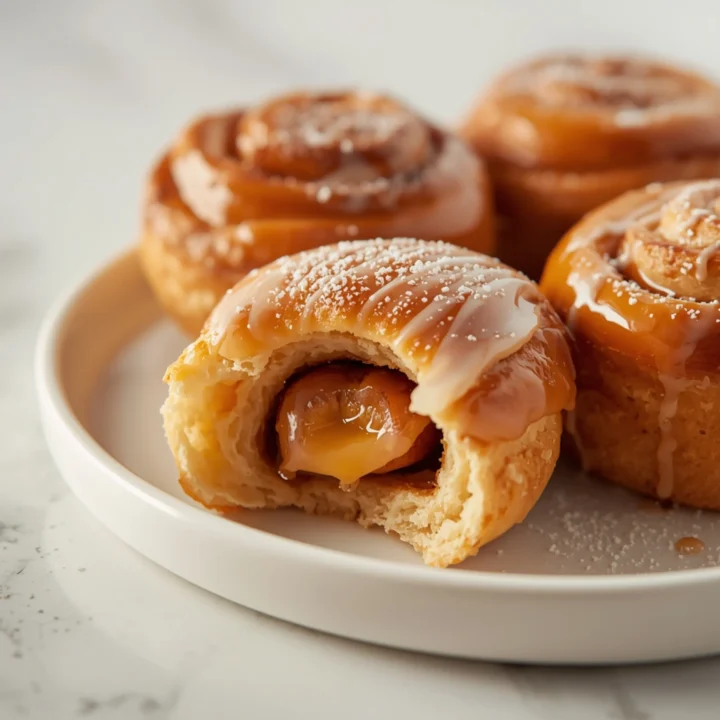 Close-up of Croissant Cinnamon Rolls dessert with glossy finish and elegant toppings