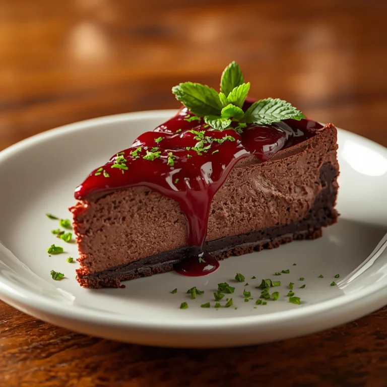High-angle close-up of a slice of dark chocolate cherry cheesecake on a clean white ceramic plate, generously topped with glistening cherry compote and sprinkled with fresh mint, set on a warm wooden table with a blurred background.