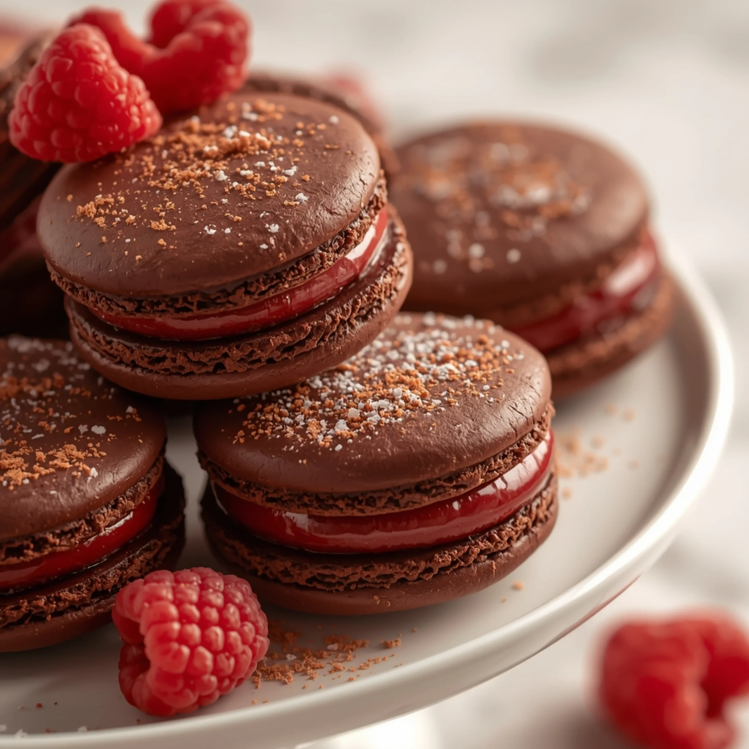 Close-up of Dark Chocolate Raspberry macarons dessert with glossy finish and elegant toppings
