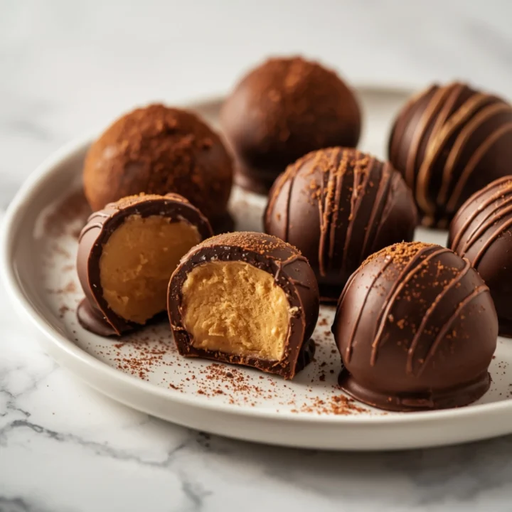 Close-up of Dark Chocolate Truffles dessert with glossy finish and elegant toppings