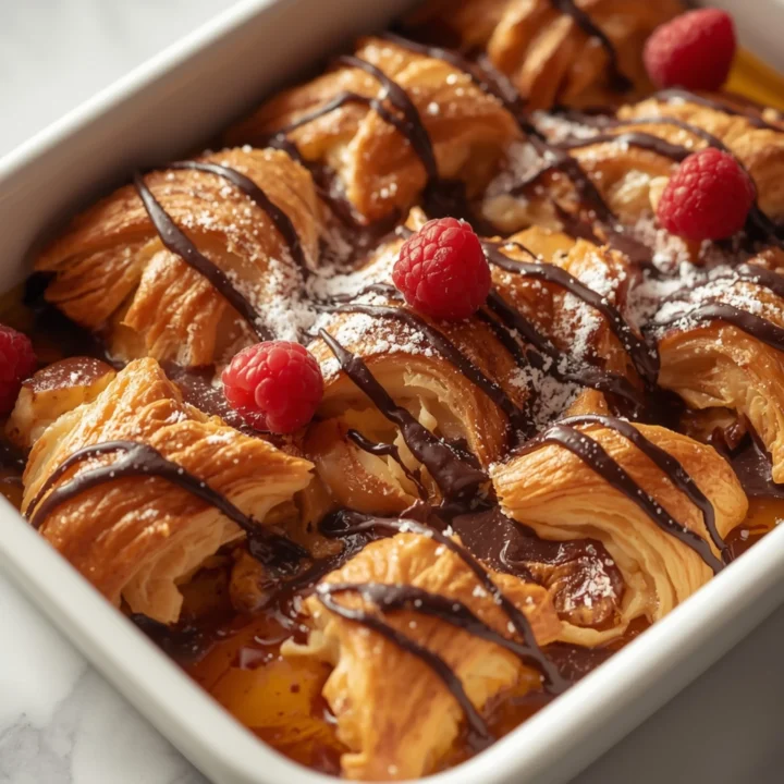 Close-up of Decadent Chocolate Croissant Breakfast Bake dessert with glossy finish and elegant toppings