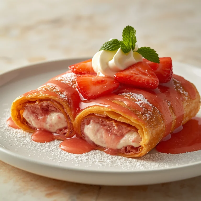 Close-up of Decadent Strawberry Cheesecake Chimichangas dessert with a soft texture and elegant garnish