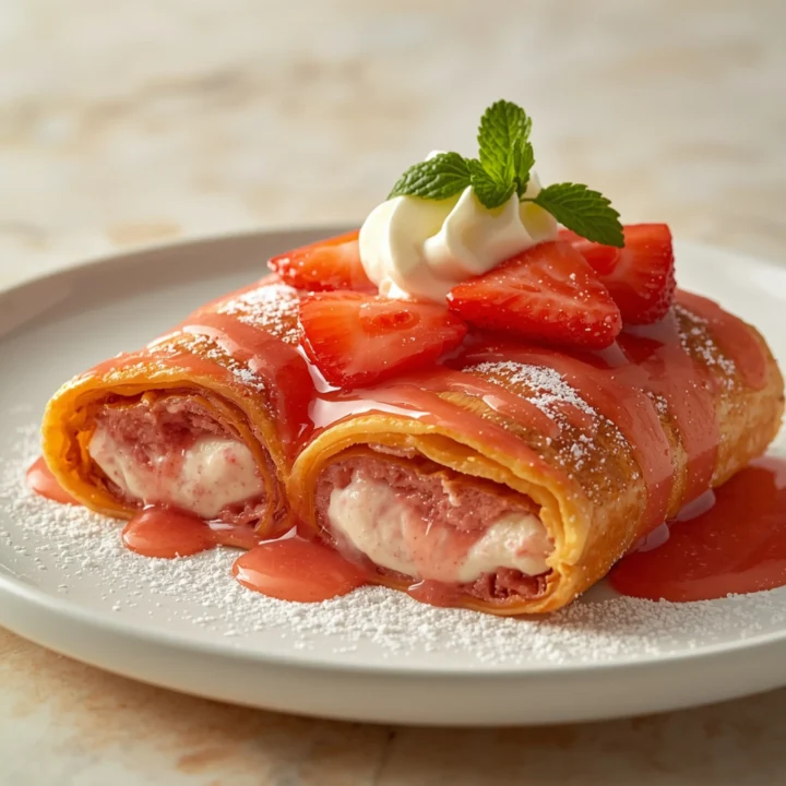 Close-up of Decadent Strawberry Cheesecake Chimichangas dessert with a soft texture and elegant garnish