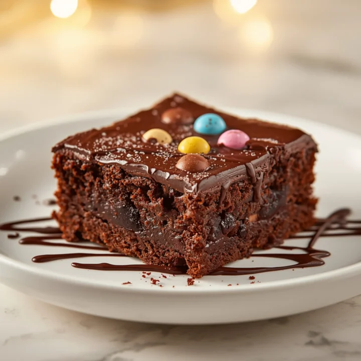 Close-up of Delicious Cosmic Brownie dessert with glossy finish and elegant toppings