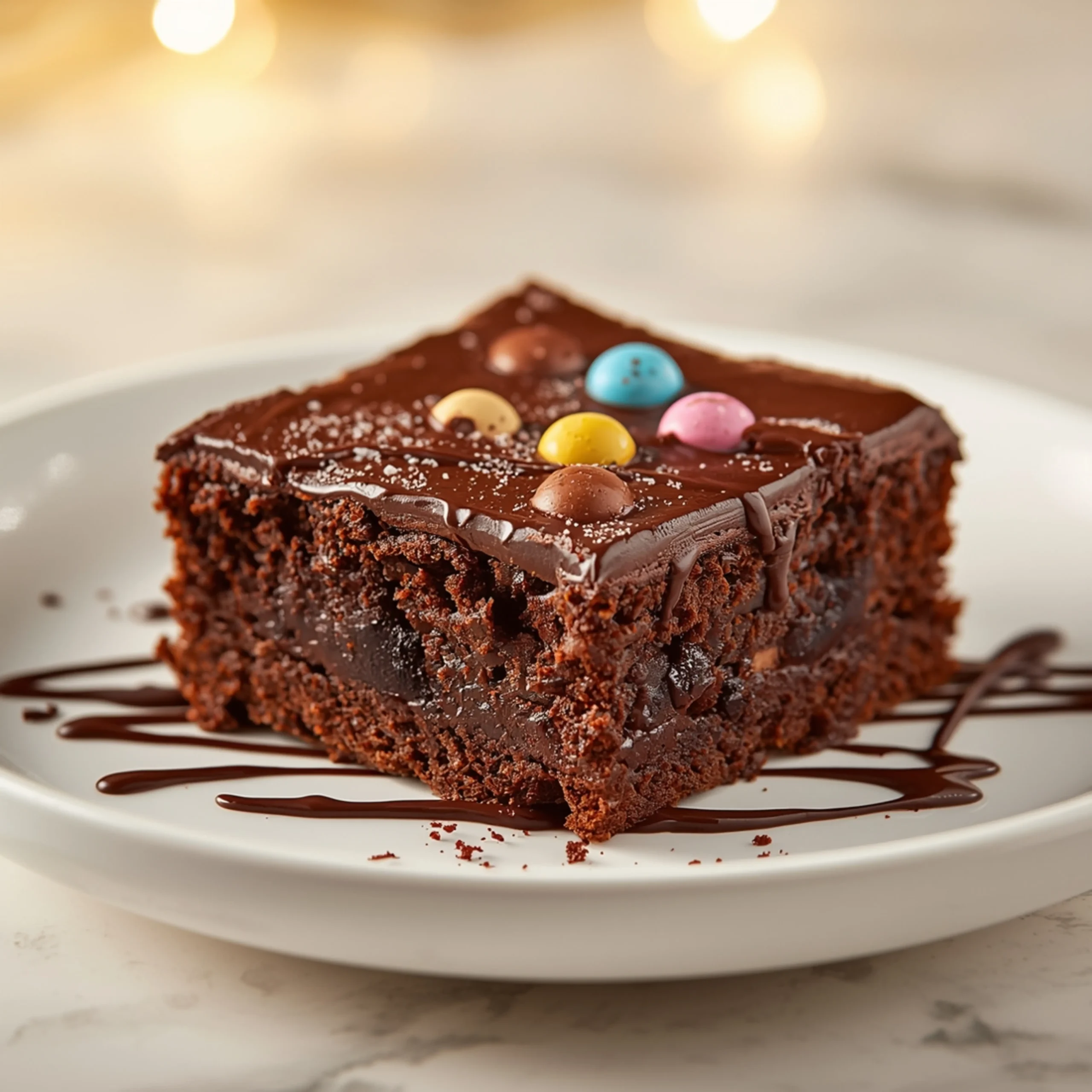 Close-up of Delicious Cosmic Brownie dessert with glossy finish and elegant toppings
